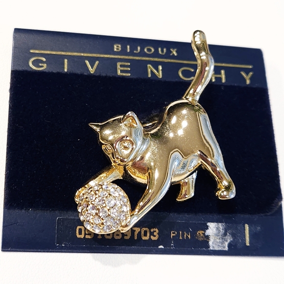 Givenchy Cat Kitten Brooch Pin Vintage NWT Gold Tone Swarovski Crystals - Picture 15 of 15